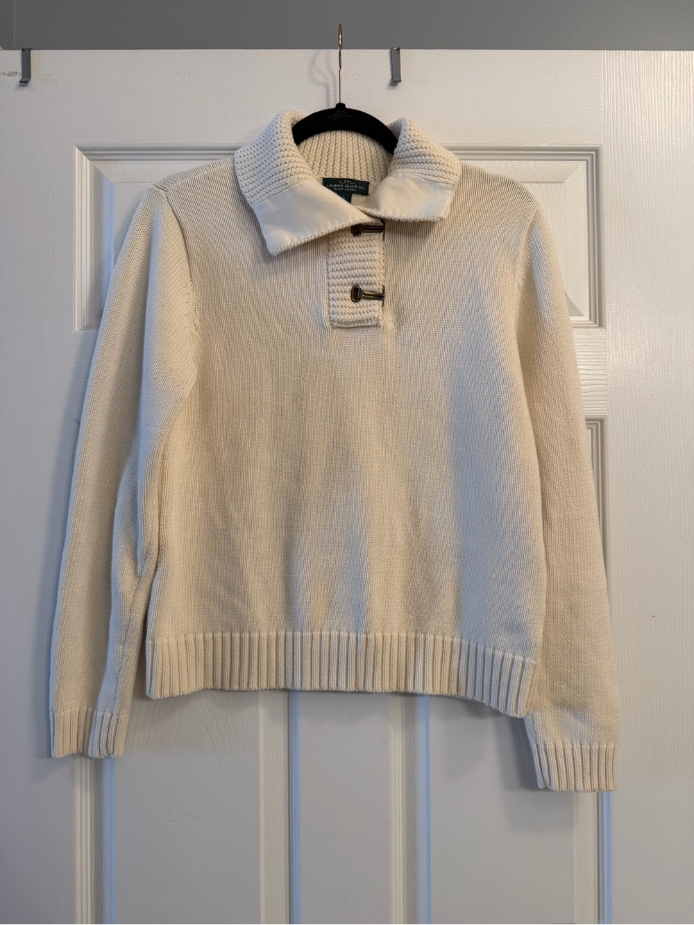 Lauren Ralph Lauren Cream Folded Collar Knit Sweater with Brass Clasps